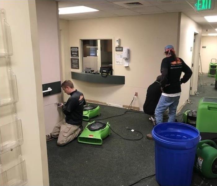 SERVPRO employees working around green equipment in a hallway