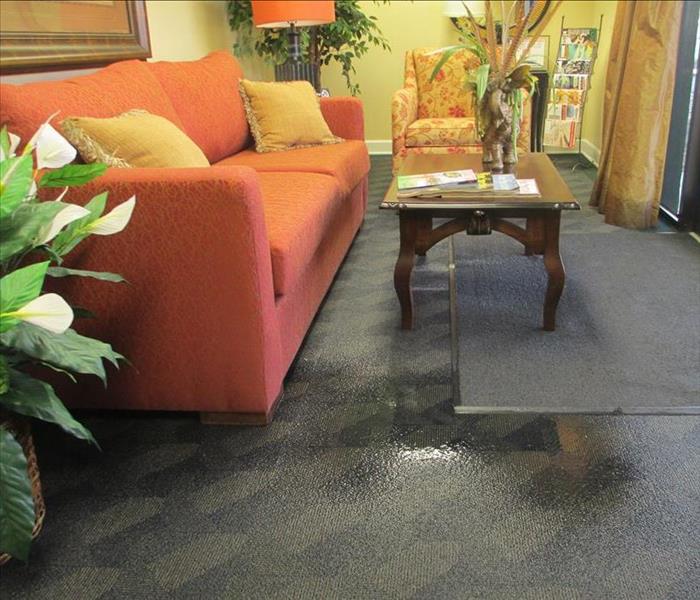 Puddle of water in front of a couch in a lobby